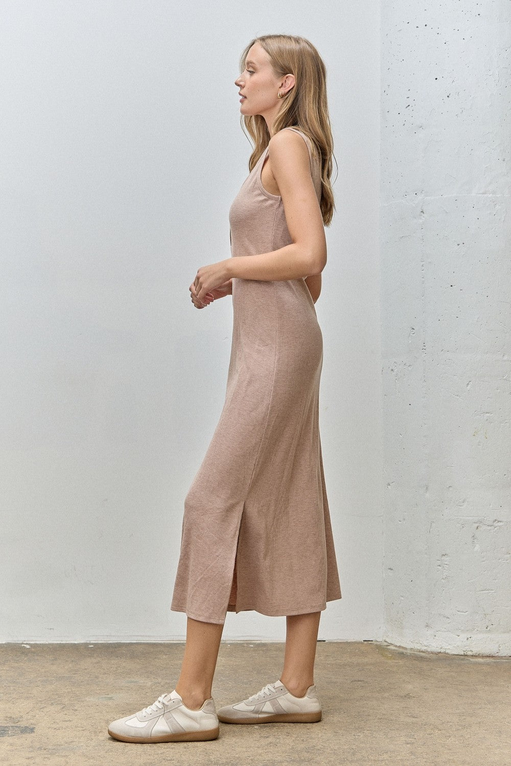 Light Tan Ribbed Knit Midi Tank Dress