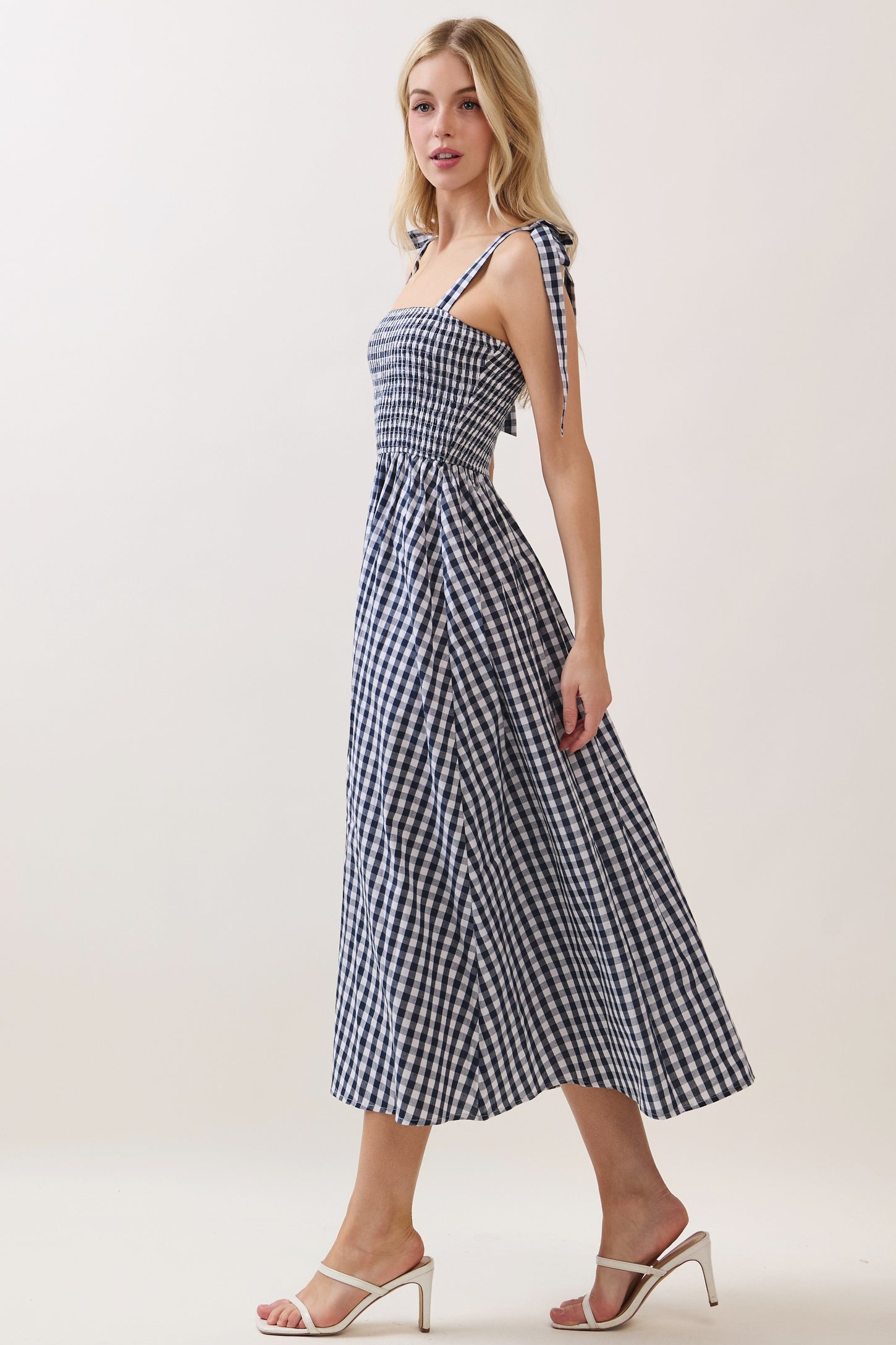 Navy Gingham Smocked Shoulder Tie Midi Dress – PinkBlush