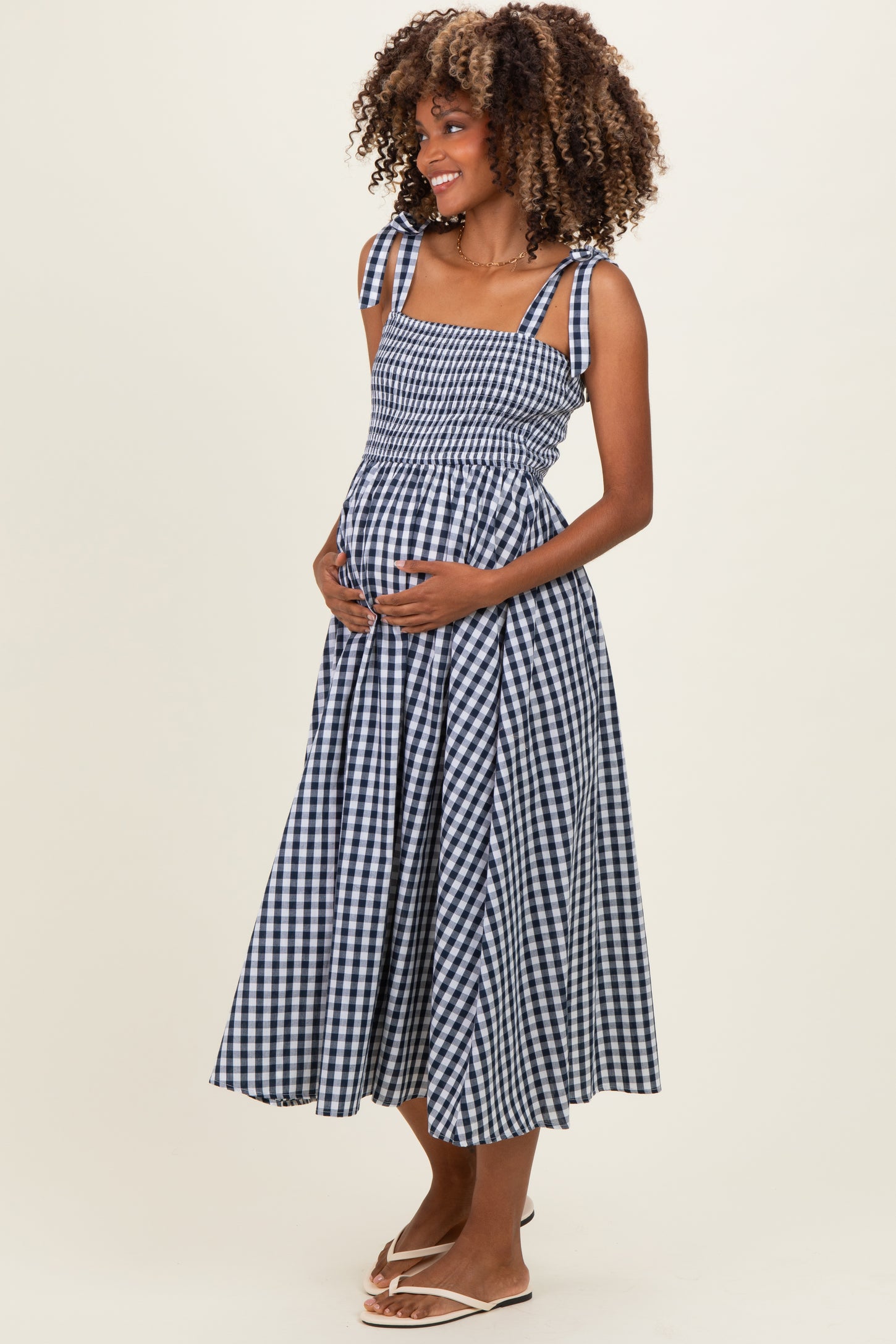Navy Gingham Smocked Shoulder Tie Maternity Midi Dress – PinkBlush