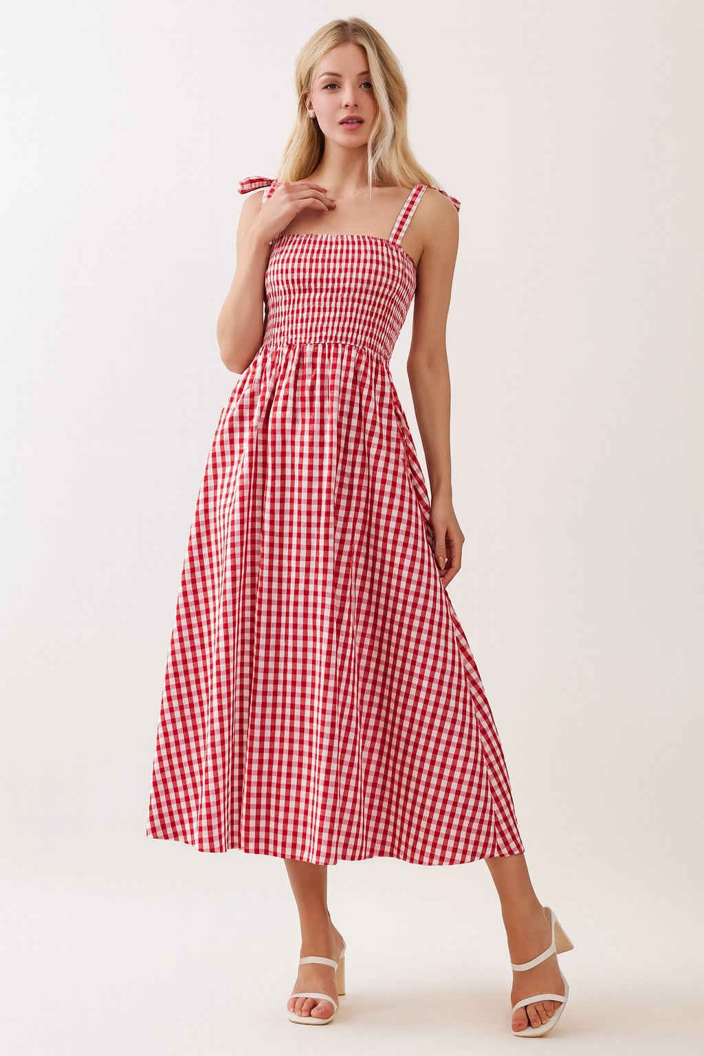 gingham dress red Red Gingham Smocked Shoulder Tie Maternity Midi Dress