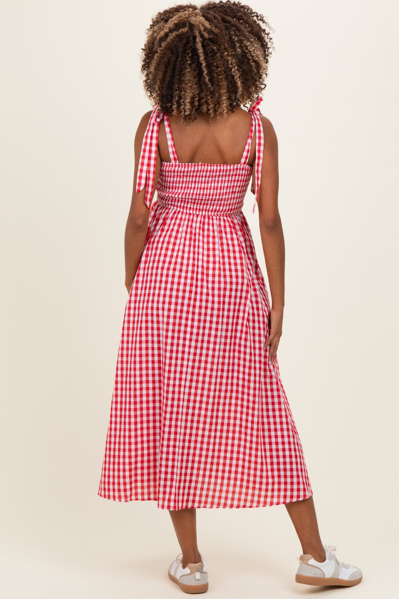 Red Gingham Smocked Shoulder Tie Maternity Midi Dress – PinkBlush