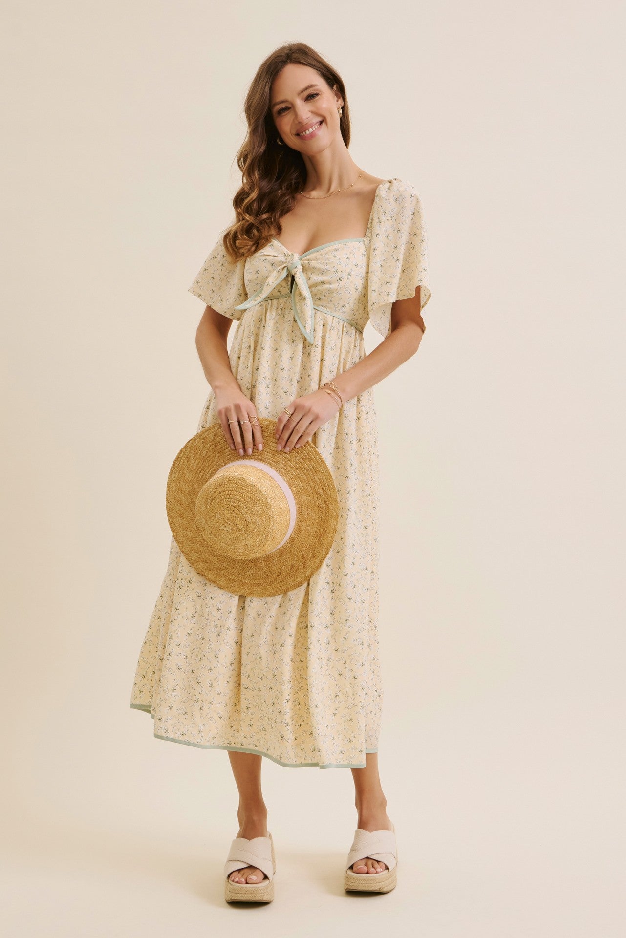 butter yellow midi dress Butter Yellow Floral Tie Front Flutter Sleeve Midi Dress