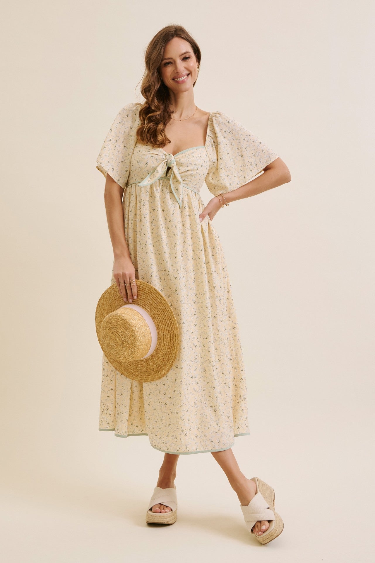 butter yellow dress with sleeves Butter Yellow Floral Tie Front Flutter Sleeve Midi Dress – PinkBlush