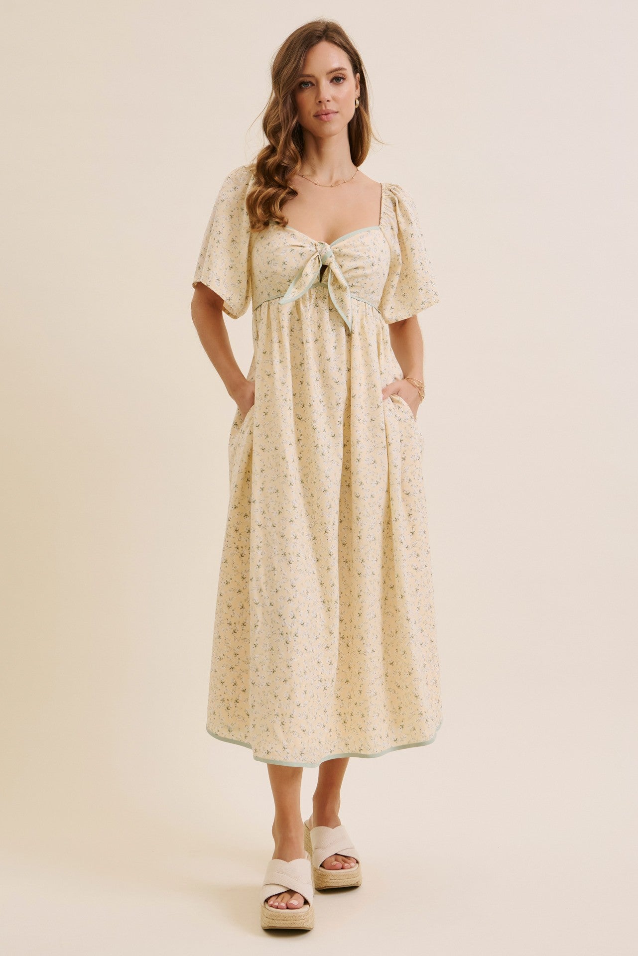 Butter Yellow Floral Tie Front Flutter Sleeve Midi Dress – PinkBlush