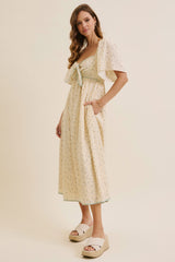 Butter Yellow Floral Tie Front Flutter Sleeve Midi Dress