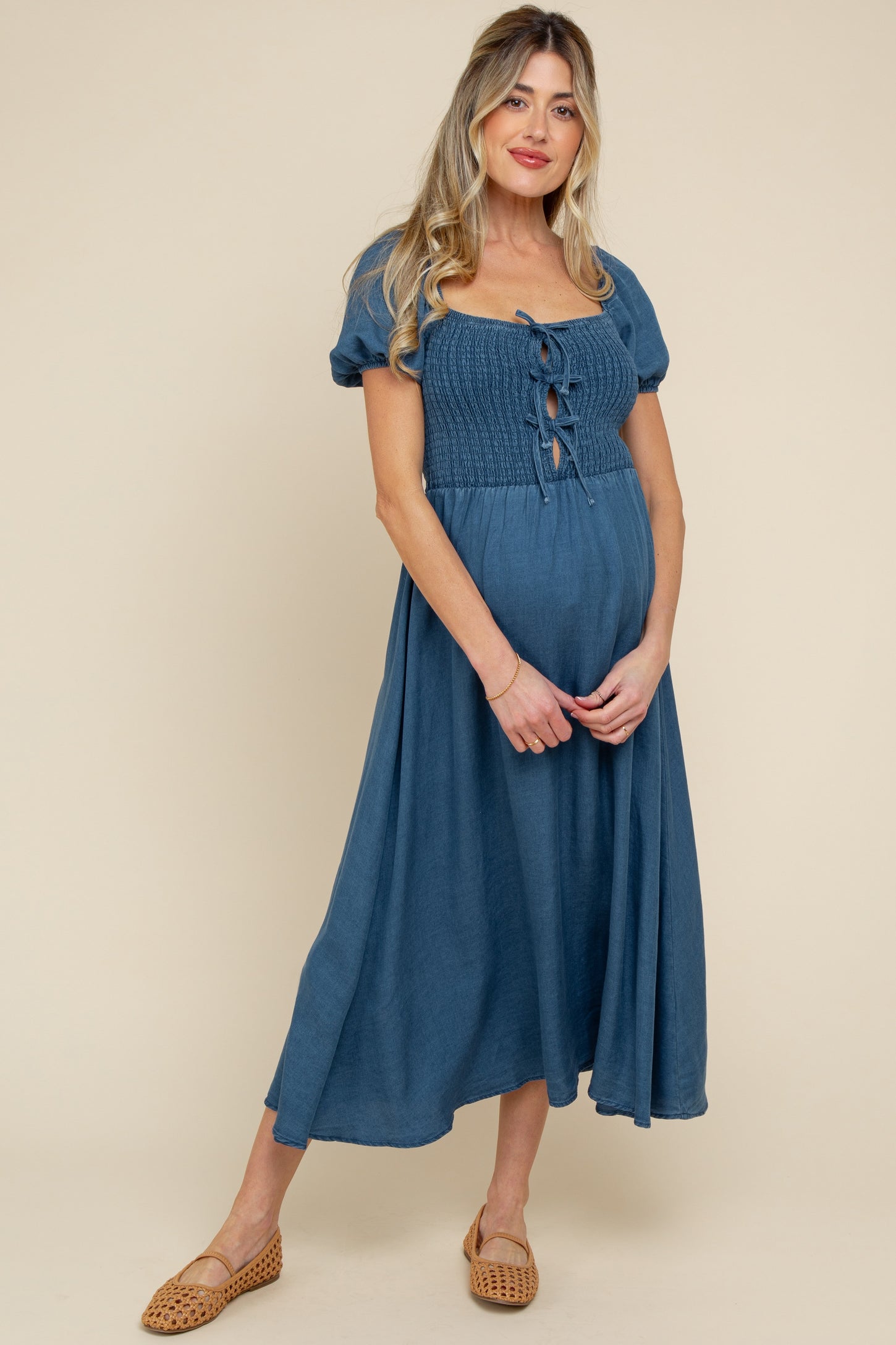 Navy Chambray Smocked Front Tie Maternity Midi Dress