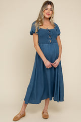 Navy Chambray Smocked Front Tie Maternity Midi Dress
