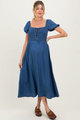 Navy Chambray Smocked Front Tie Maternity Midi Dress