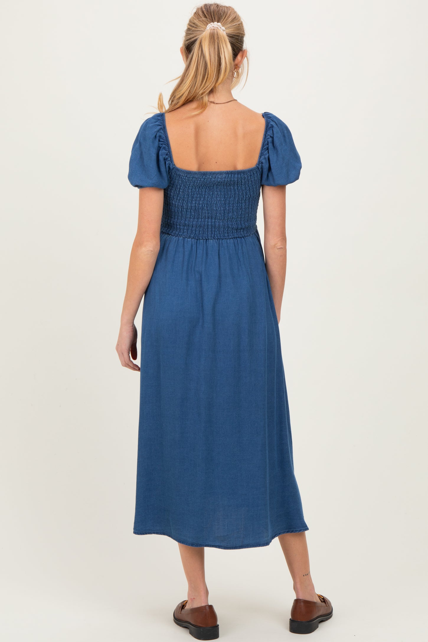 Navy Chambray Smocked Front Tie Maternity Midi Dress