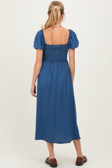 Navy Chambray Smocked Front Tie Maternity Midi Dress