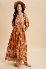 Amber Damask Print Short Sleeve Maxi Dress