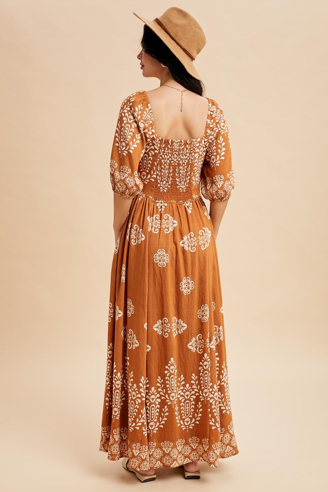 Amber Damask Print Short Sleeve Maxi Dress