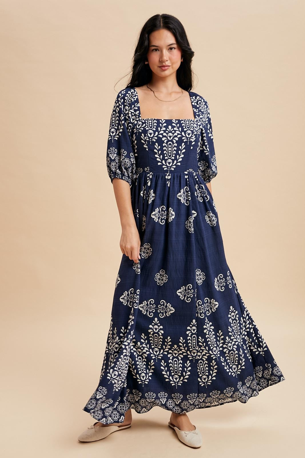 Navy Damask Print Short Sleeve Maxi Dress