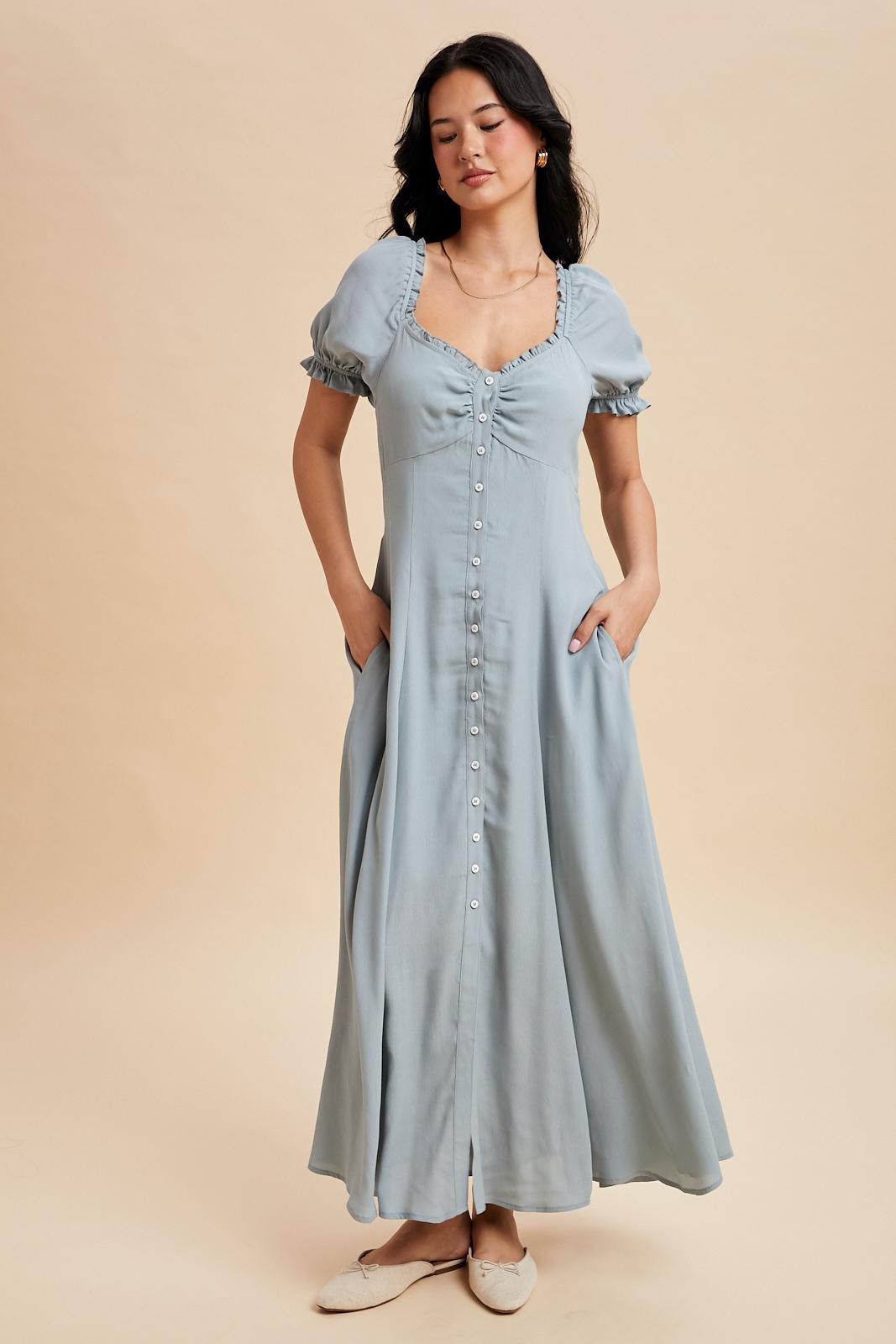 Dusty Blue Button Down Ruffle Trim Maternity Maxi Dress