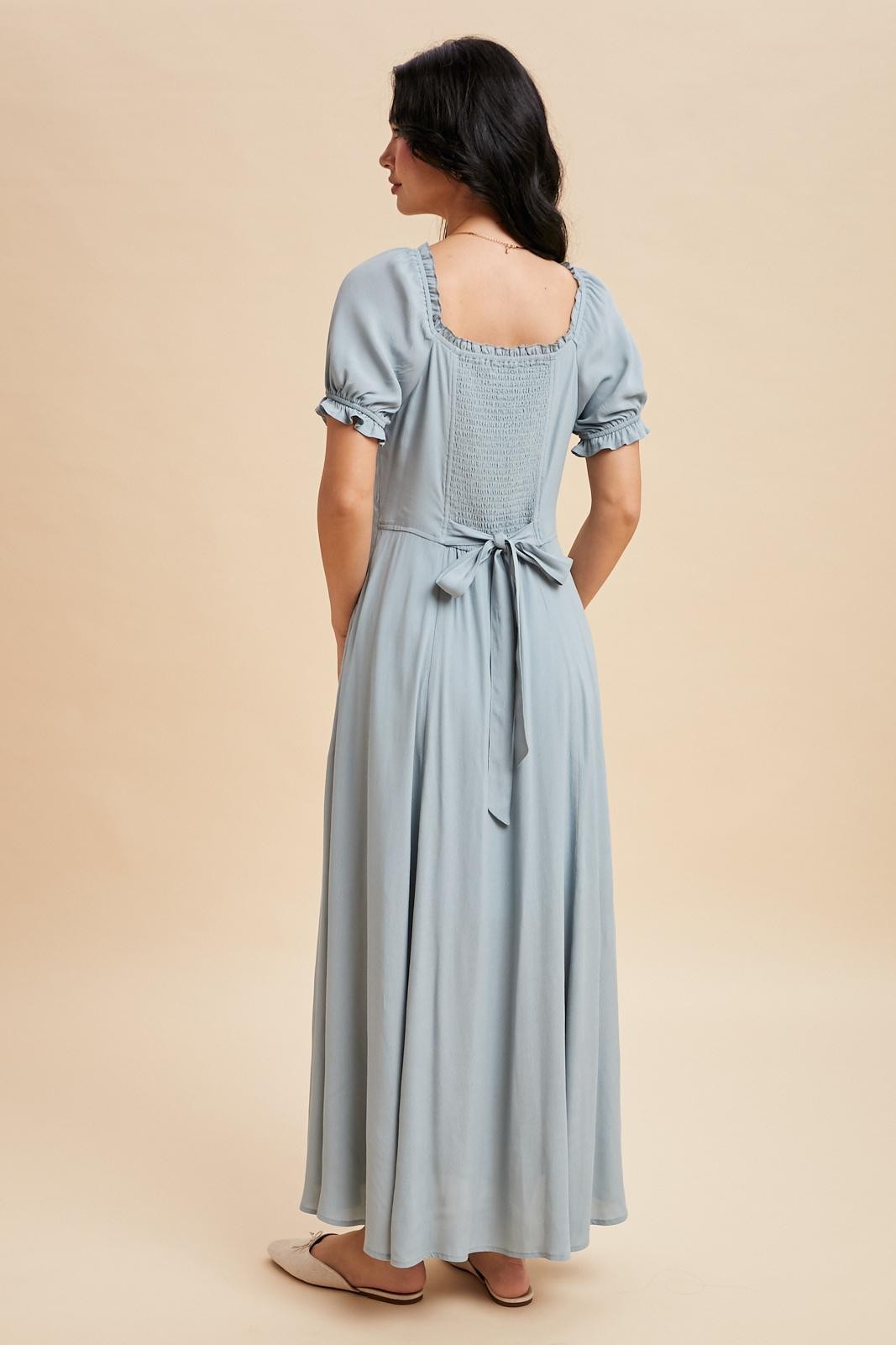 Dusty Blue Button Down Ruffle Trim Maxi Dress