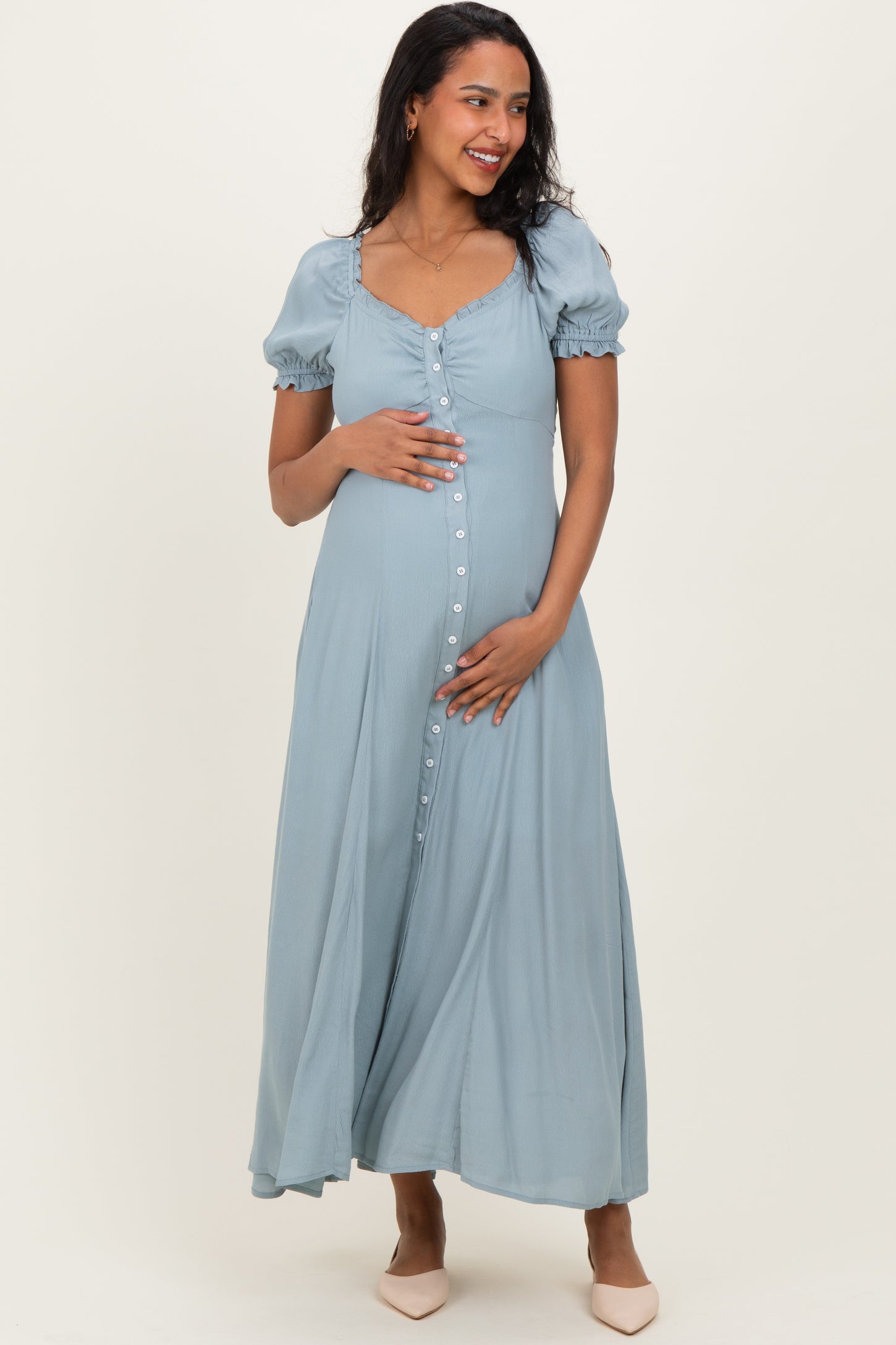 Dusty Blue Button Down Ruffle Trim Maternity Maxi Dress Dusty Blue Button Down Ruffle Trim Maternity Maxi Dress
