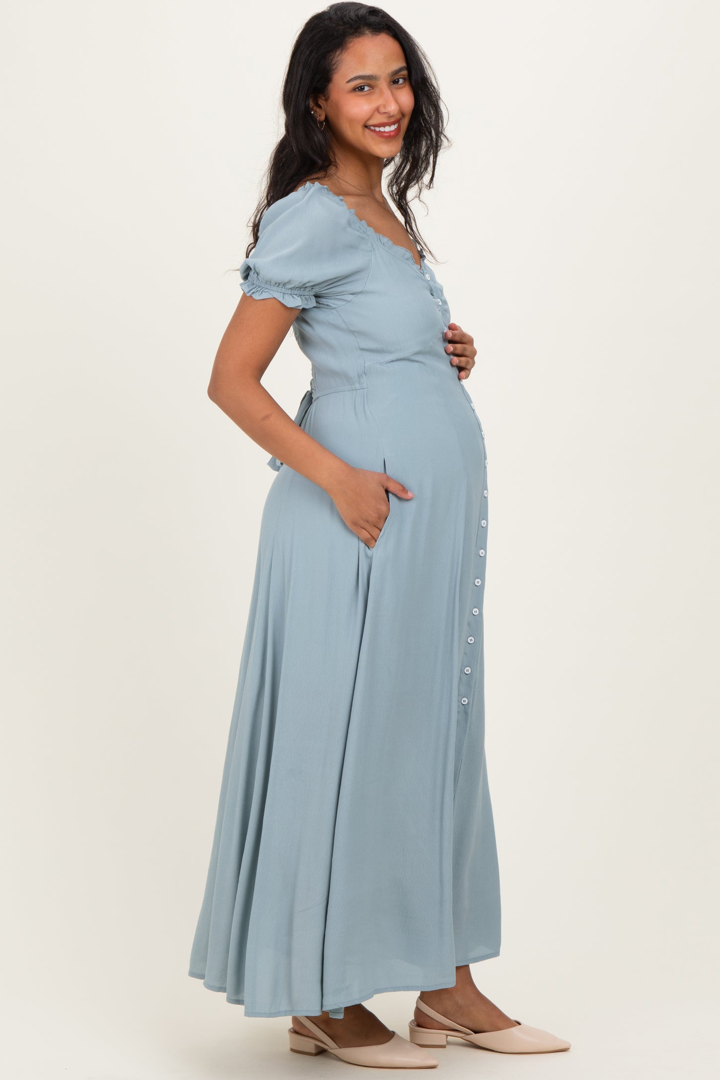 Dusty Blue Button Down Ruffle Trim Maternity Maxi Dress