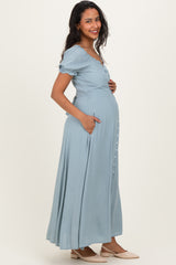 Dusty Blue Button Down Ruffle Trim Maternity Maxi Dress