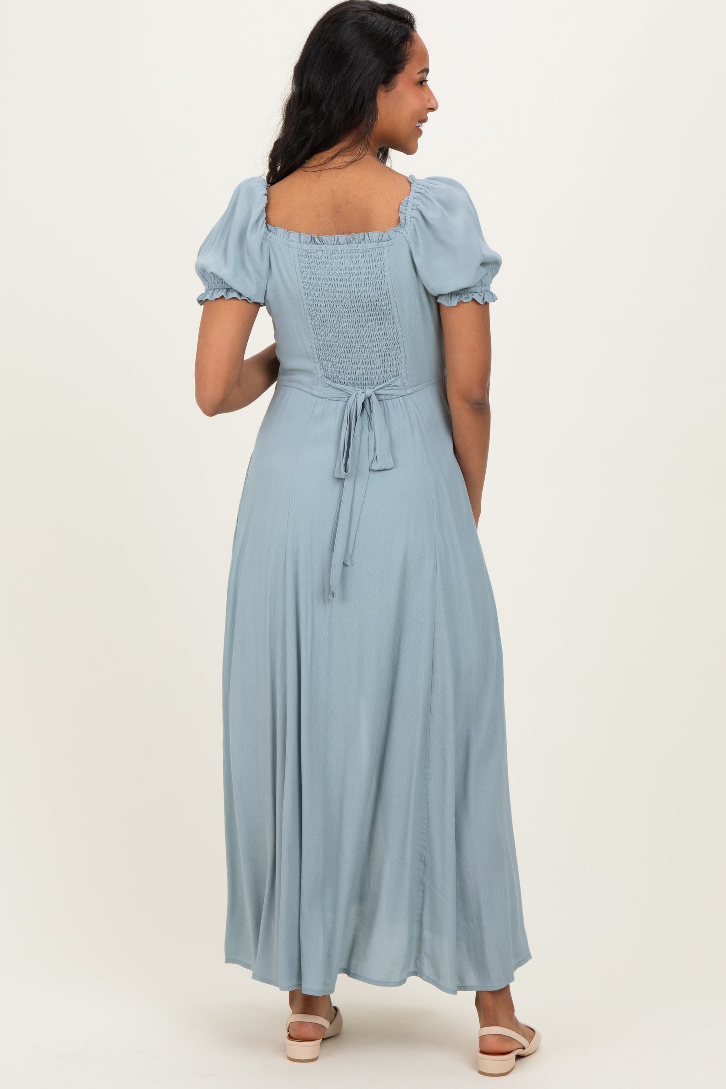 Dusty Blue Button Down Ruffle Trim Maternity Maxi Dress