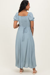 Dusty Blue Button Down Ruffle Trim Maternity Maxi Dress