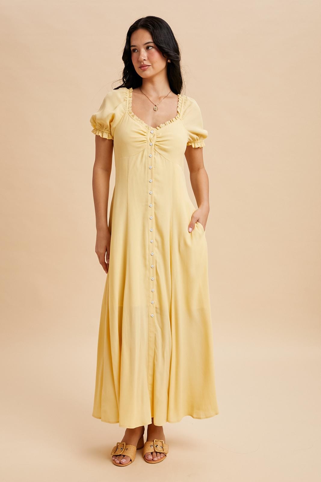 Lemon Button Down Ruffle Trim Maxi Dress PinkBlush Lemon Button Down Ruffle Trim Maxi Dress PinkBlush