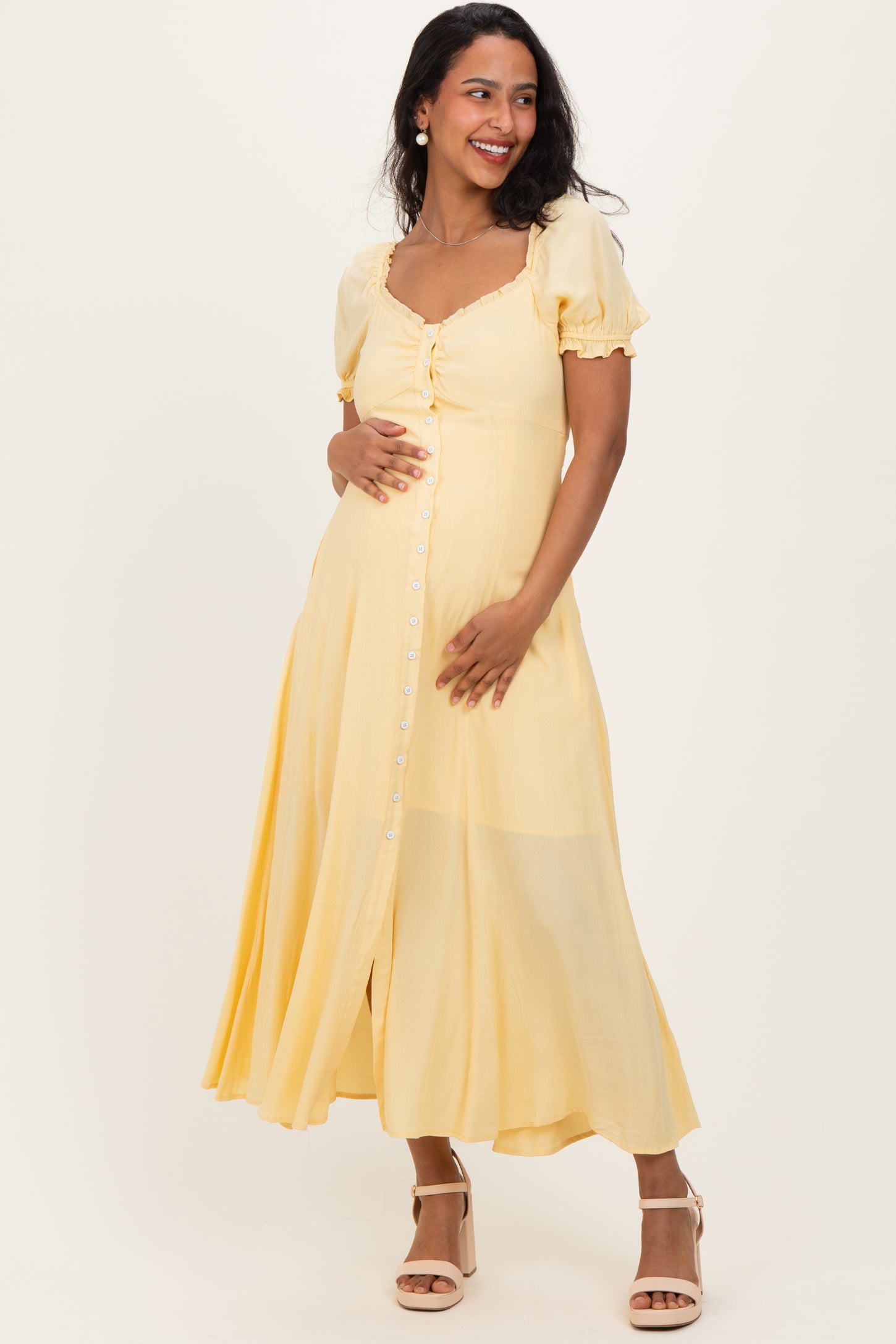 Lemon Button Down Ruffle Trim Maternity Maxi Dress – PinkBlush