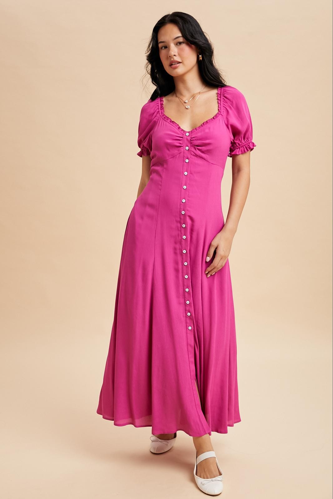 Fuchsia Button Down Ruffle Trim Maxi Dress