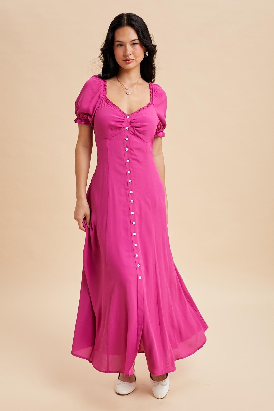 fuchsia maxi dress Fuchsia Button Down Ruffle Trim Maxi Dress