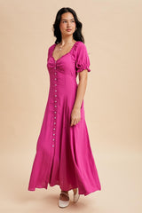 Fuchsia Button Down Ruffle Trim Maxi Dress