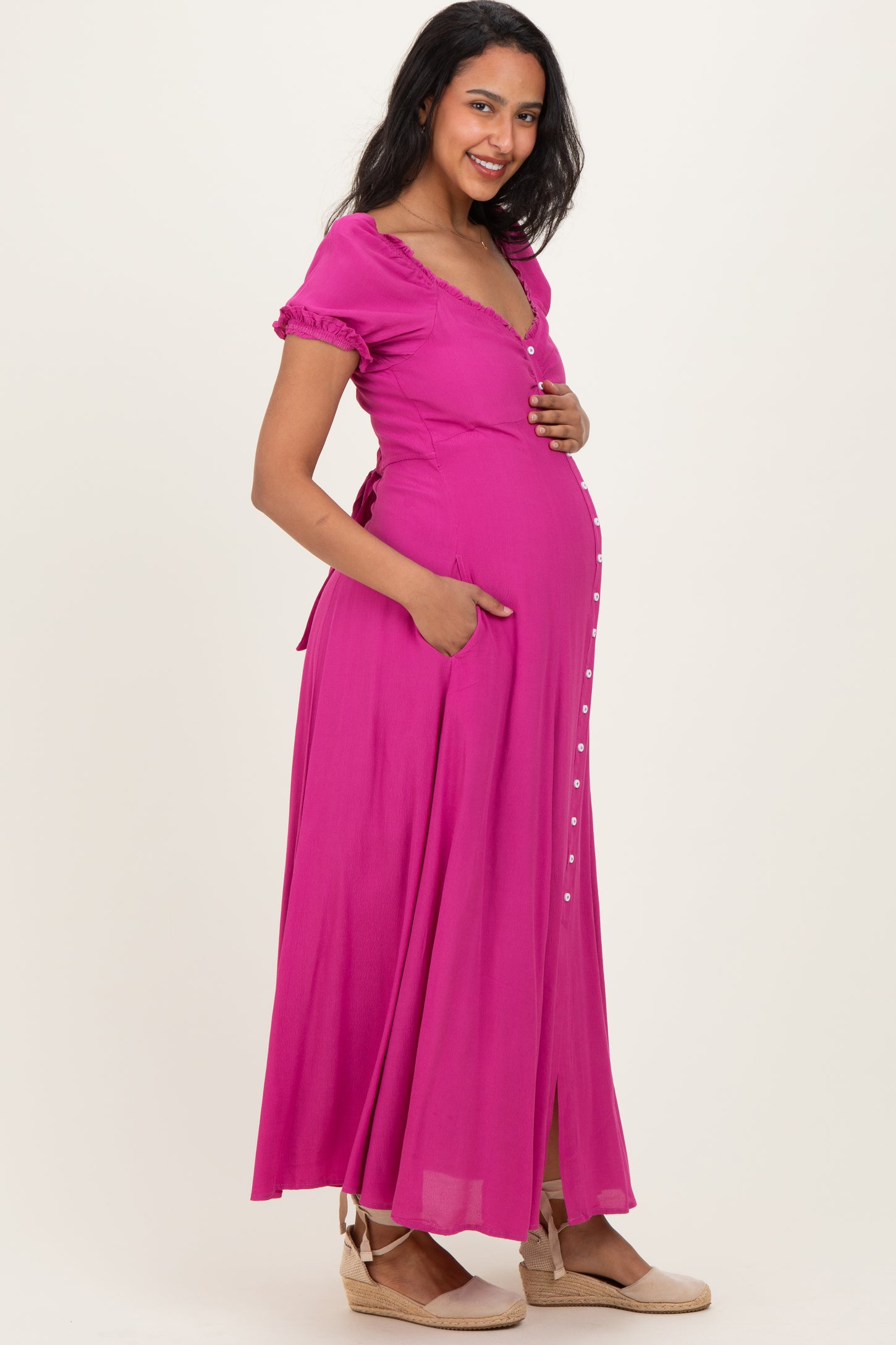 Fuchsia Button Down Ruffle Trim Maternity Maxi Dress