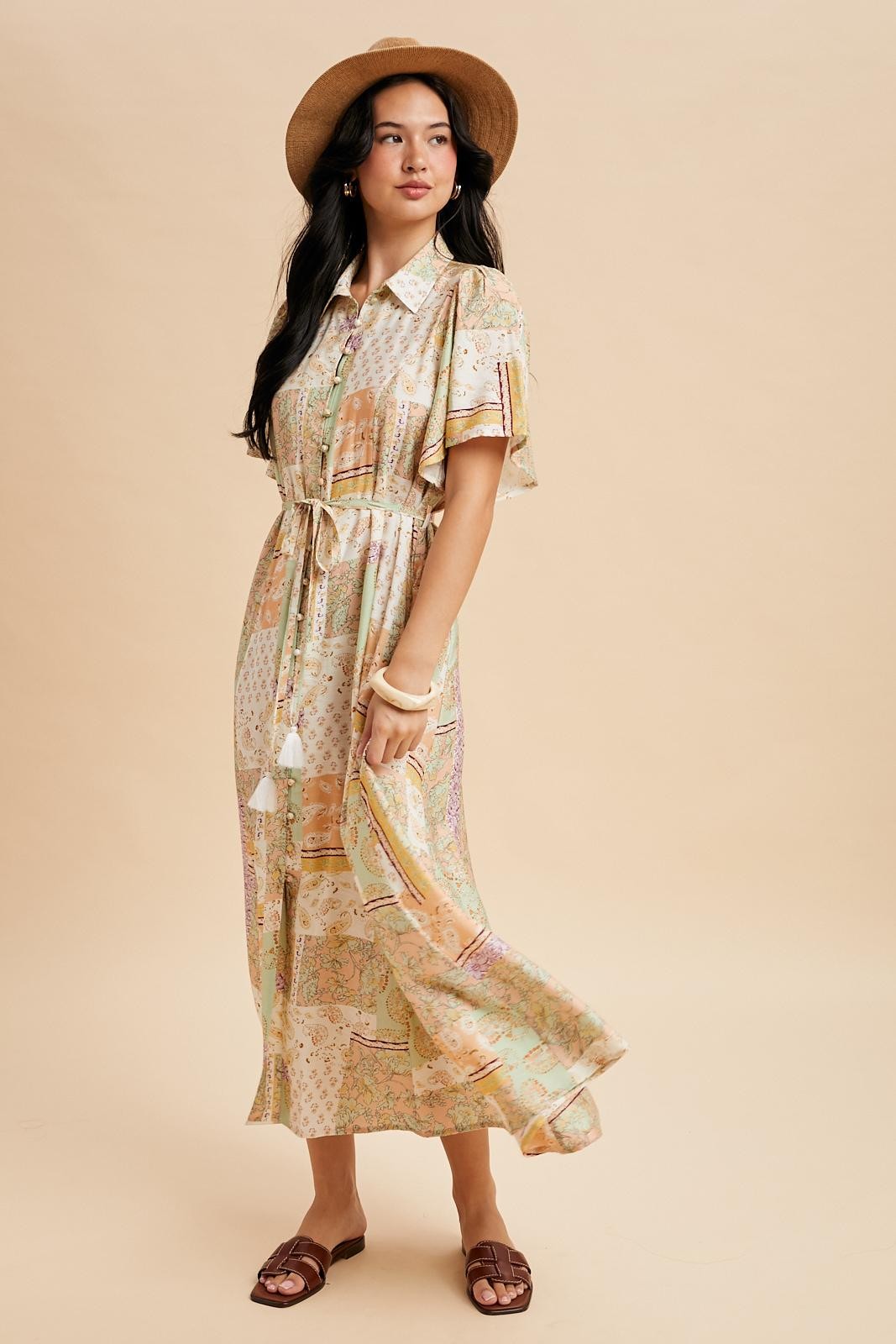 Multicolor Patchwork Print Button Down Maxi Dress