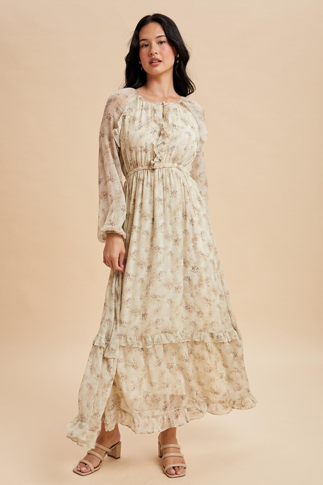 Cream Floral Chiffon Ruffle Detail Maternity Maxi Dress – PinkBlush