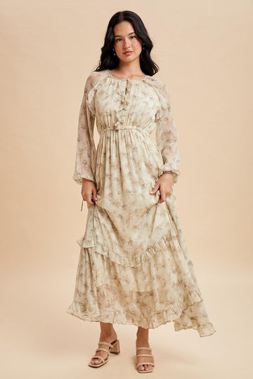 Cream Floral Chiffon Ruffle Detail Maxi Dress