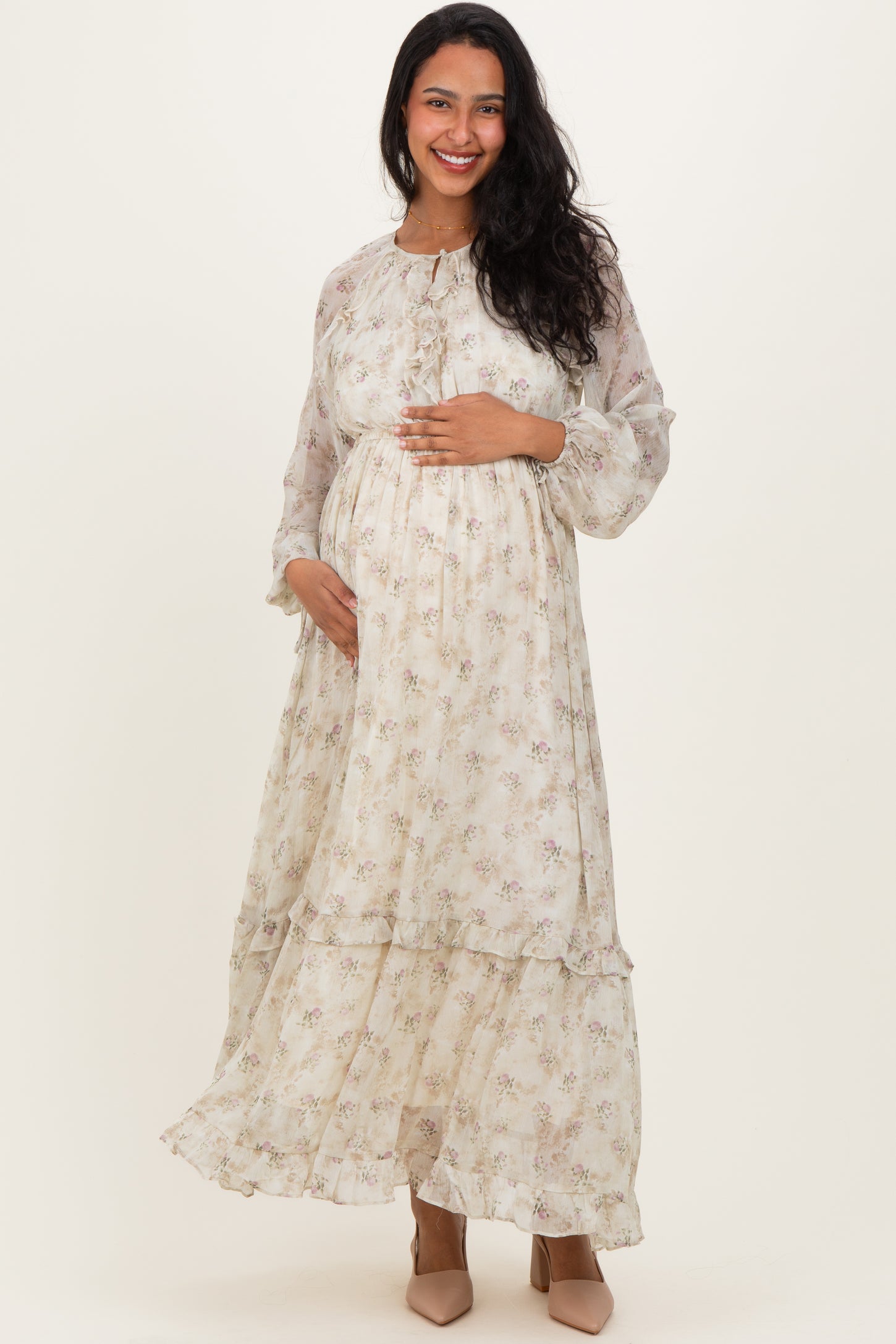 Cream Floral Chiffon Ruffle Detail Maternity Maxi Dress – PinkBlush