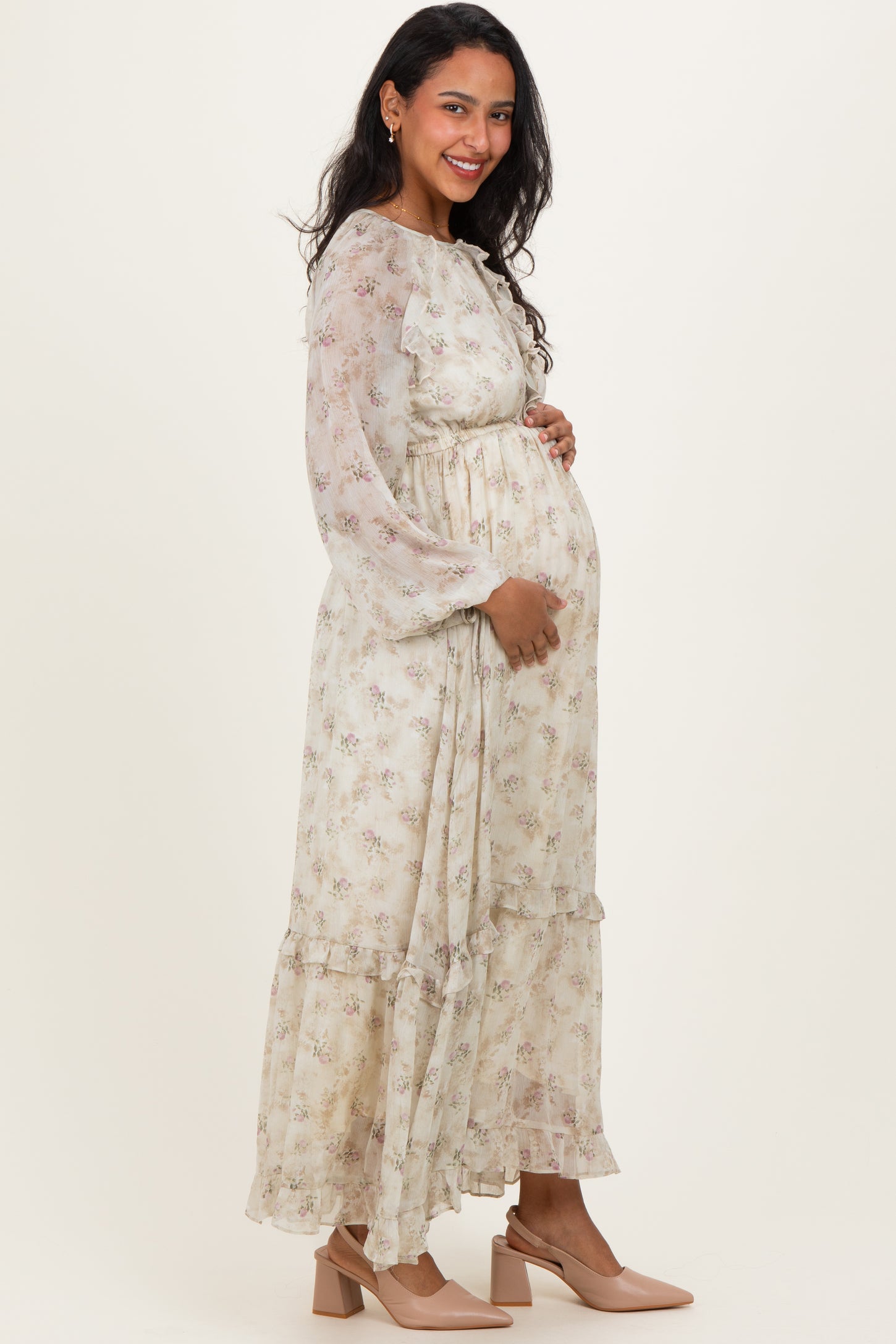 Cream Floral Chiffon Ruffle Detail Maternity Maxi Dress