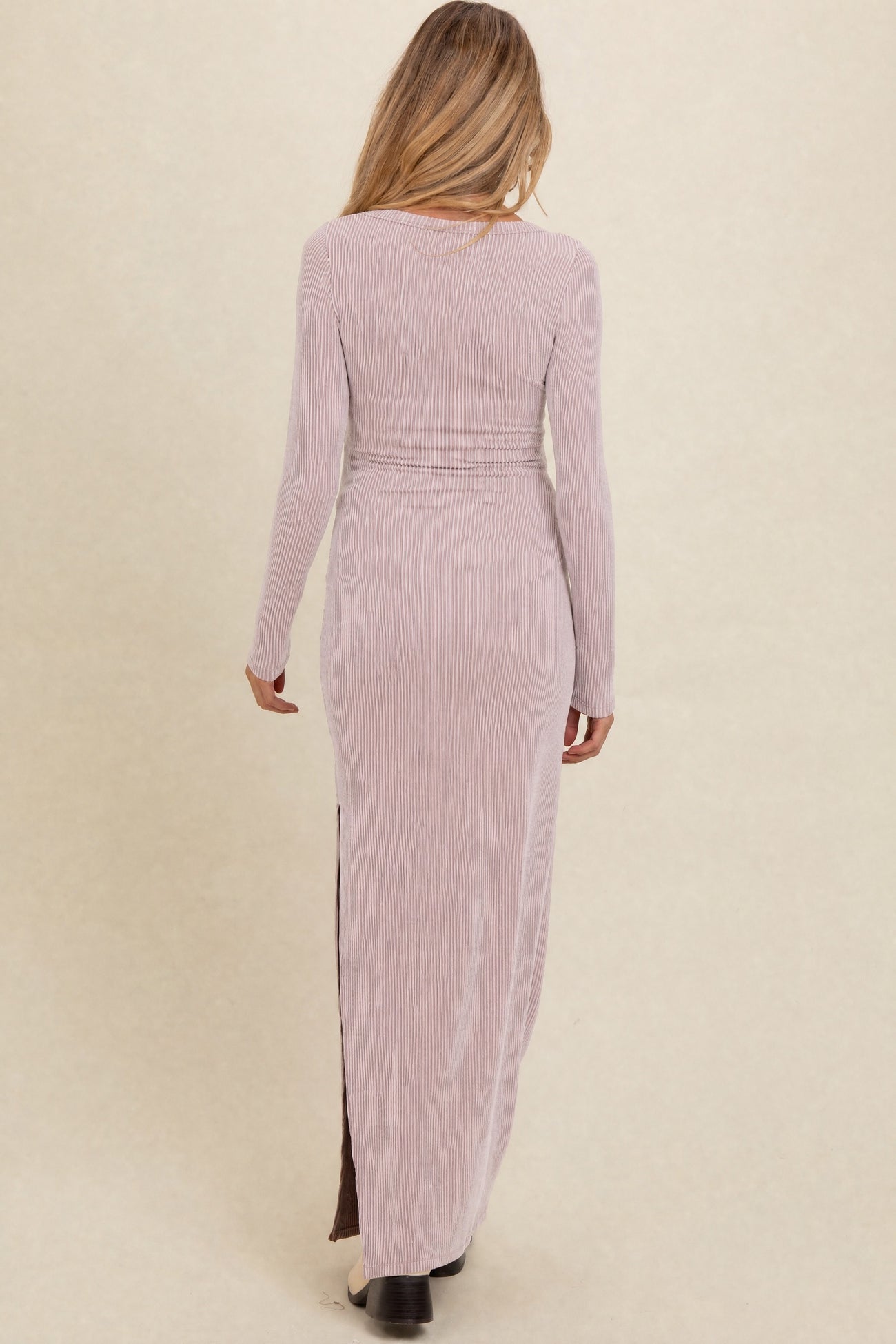 Oatmeal Ribbed Long Sleeve Side Slit Maternity Maxi Dress