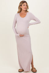 Oatmeal Ribbed Long Sleeve Side Slit Maternity Maxi Dress