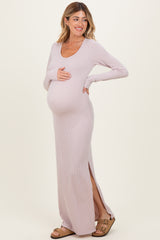 Oatmeal Ribbed Long Sleeve Side Slit Maternity Maxi Dress