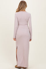 Oatmeal Ribbed Long Sleeve Side Slit Maternity Maxi Dress