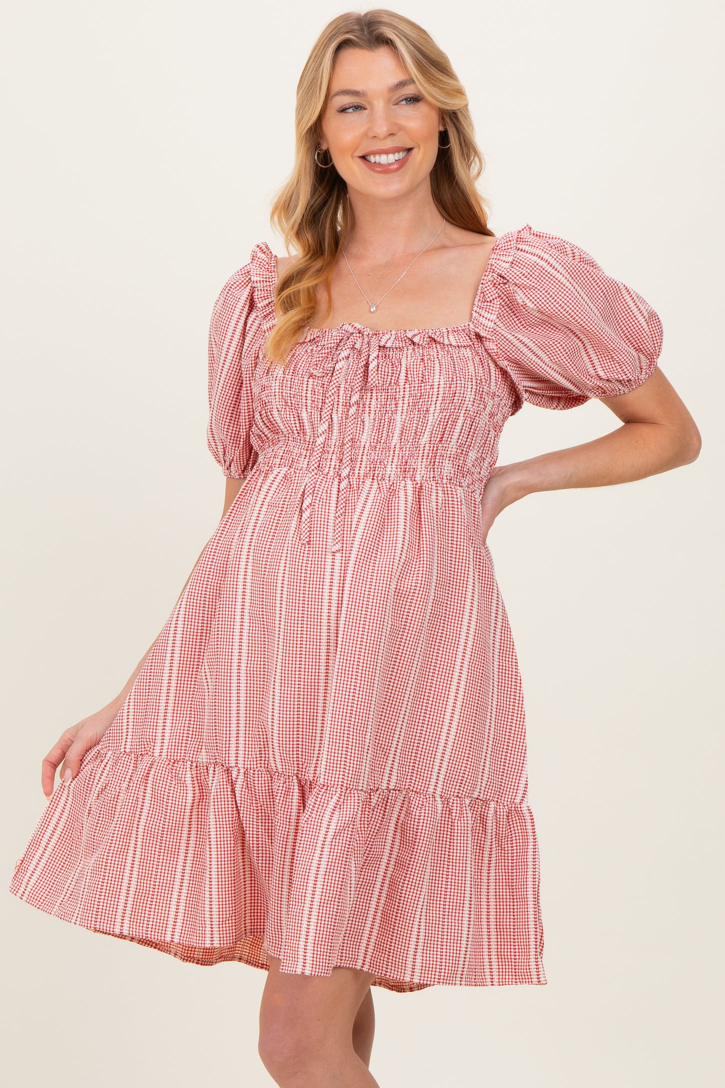 red gingham maternity dress Red Gingham Smocked Trim Maternity Midi Dress PinkBlush