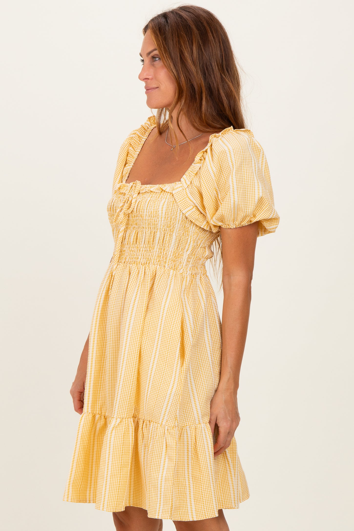 Yellow Gingham Smocked Ruffled Puff Sleeve Dress