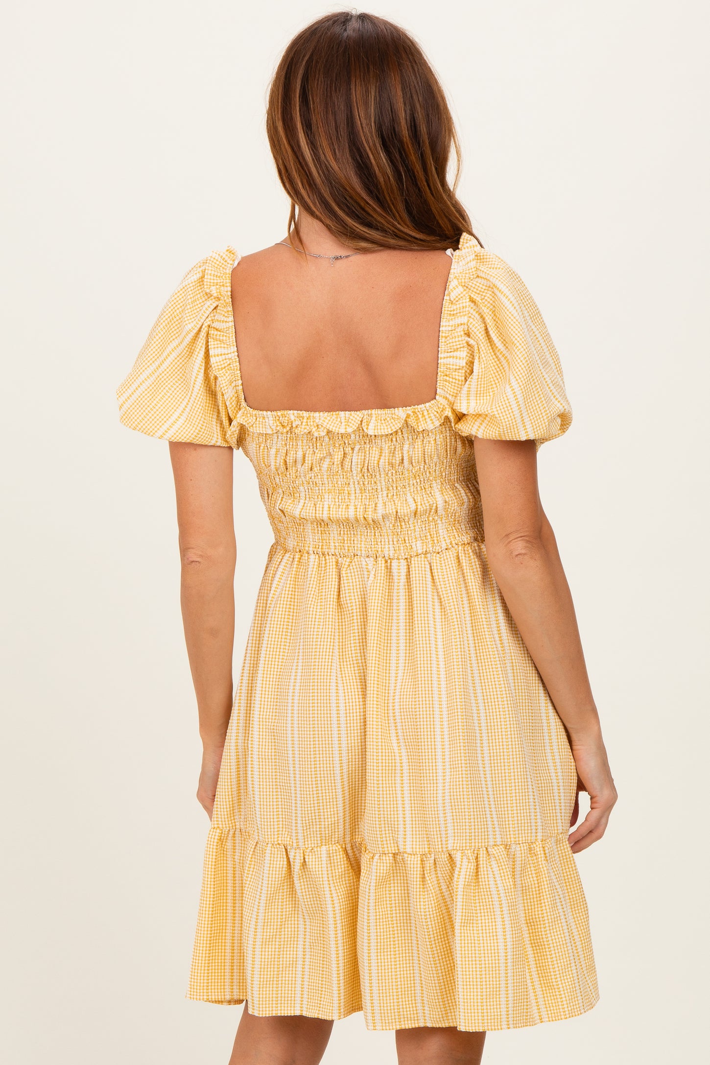 Yellow Gingham Smocked Ruffled Puff Sleeve Dress