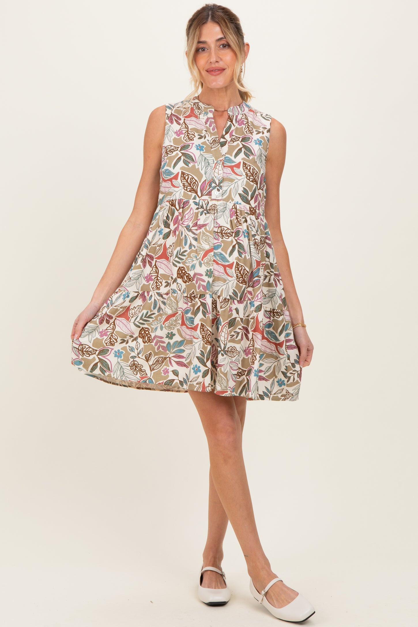 Multicolor Leaf Print Sleeveless Tiered Maternity Dress