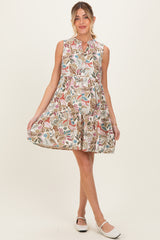 Multicolor Leaf Print Sleeveless Tiered Maternity Dress