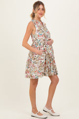 Multicolor Leaf Print Sleeveless Tiered Maternity Dress