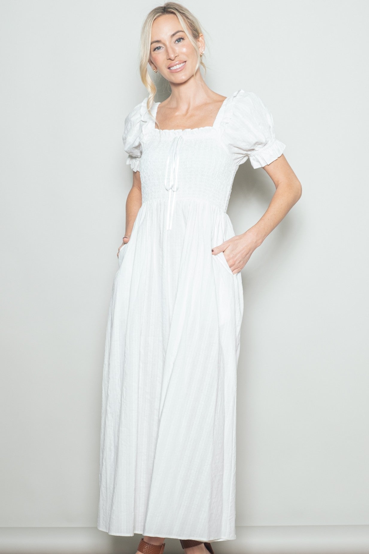 White Smocked Ruffle Accent Ribbon Tie Maxi Dress