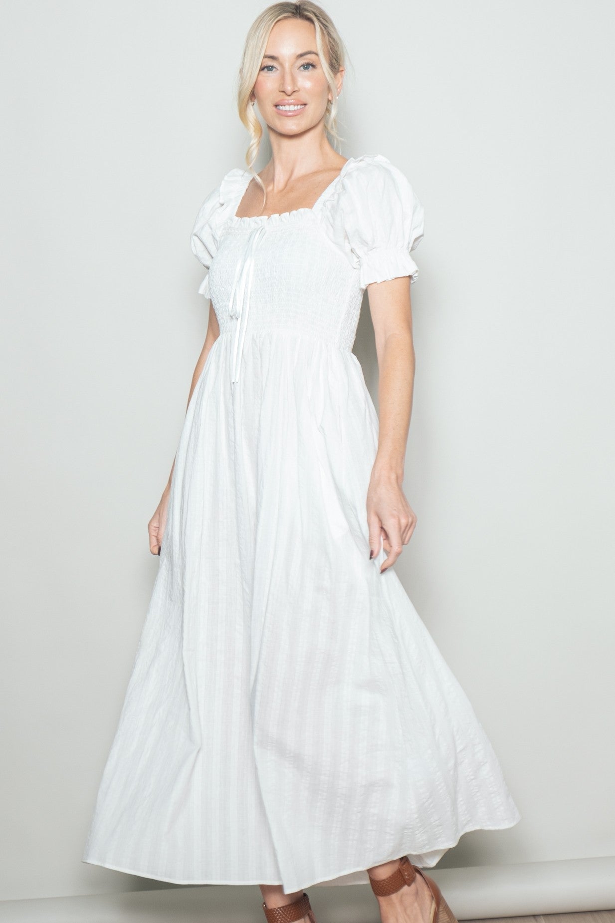 White Smocked Ruffle Accent Ribbon Tie Maxi Dress
