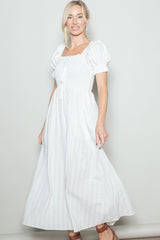 White Smocked Ruffle Accent Ribbon Tie Maxi Dress