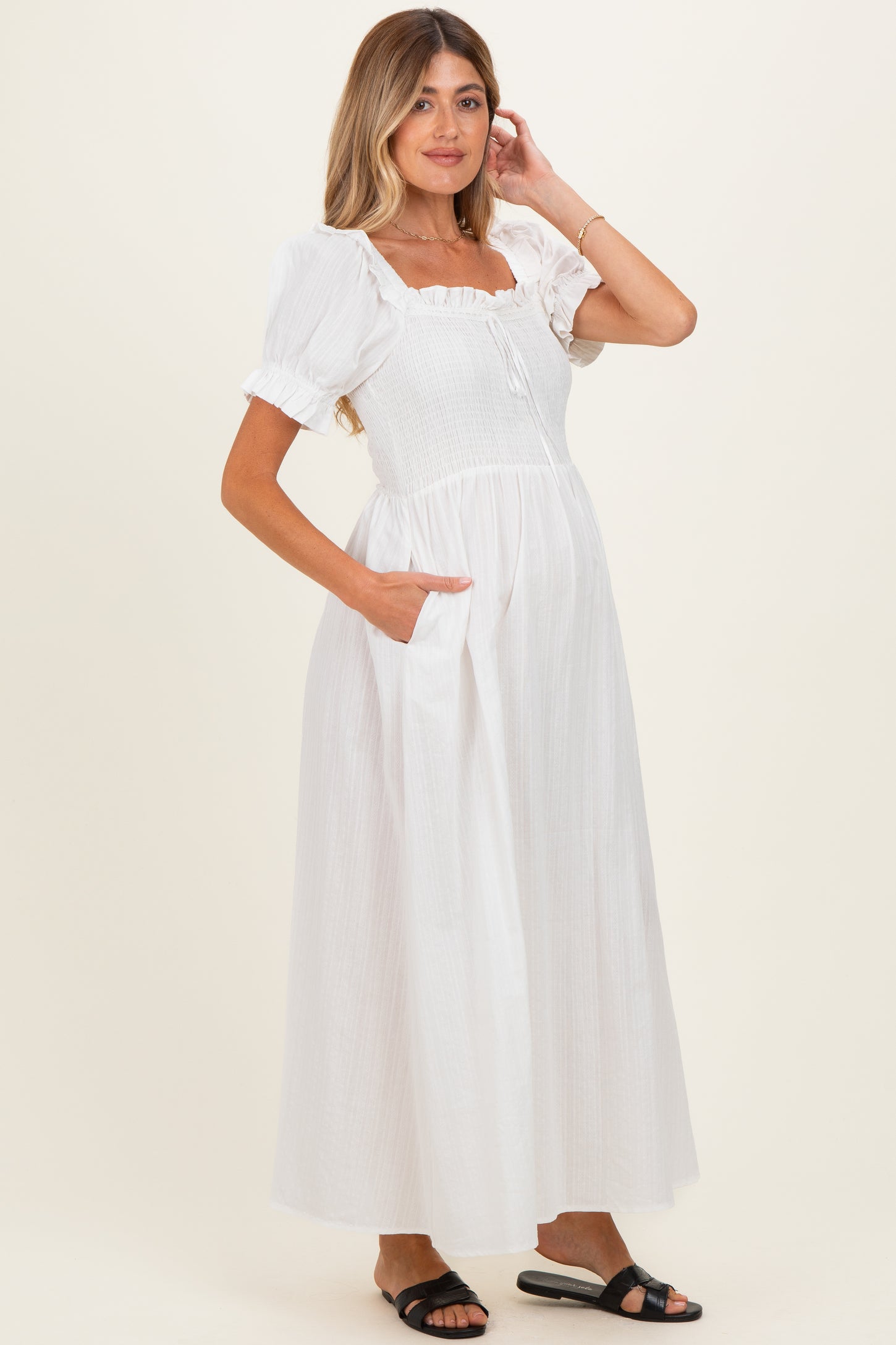 White Smocked Ruffle Accent Ribbon Tie Maternity Maxi Dress