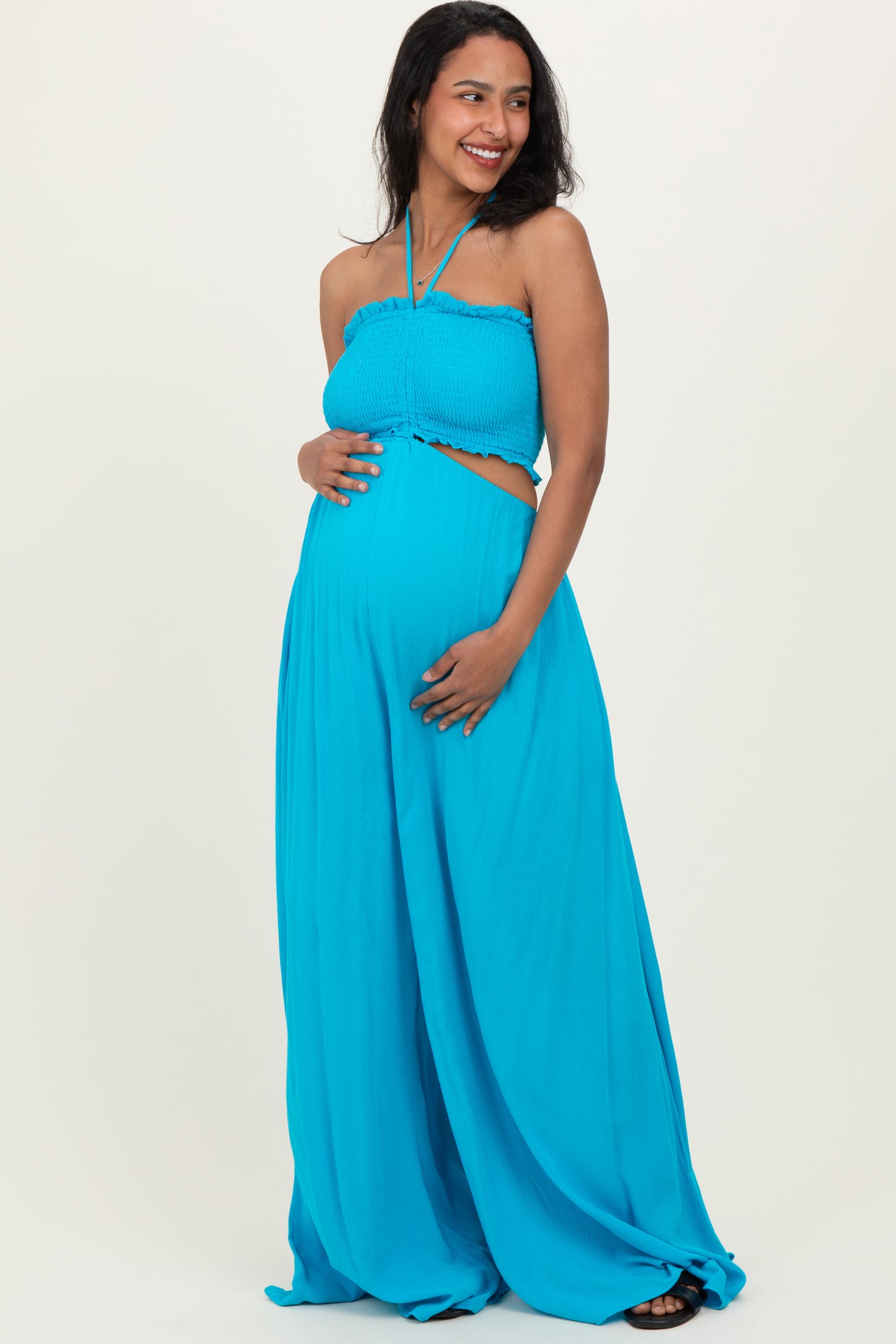aqua blue maternity dress Sage Aqua Lace Flutter Sleeve Tiered Maternity Maxi Dress